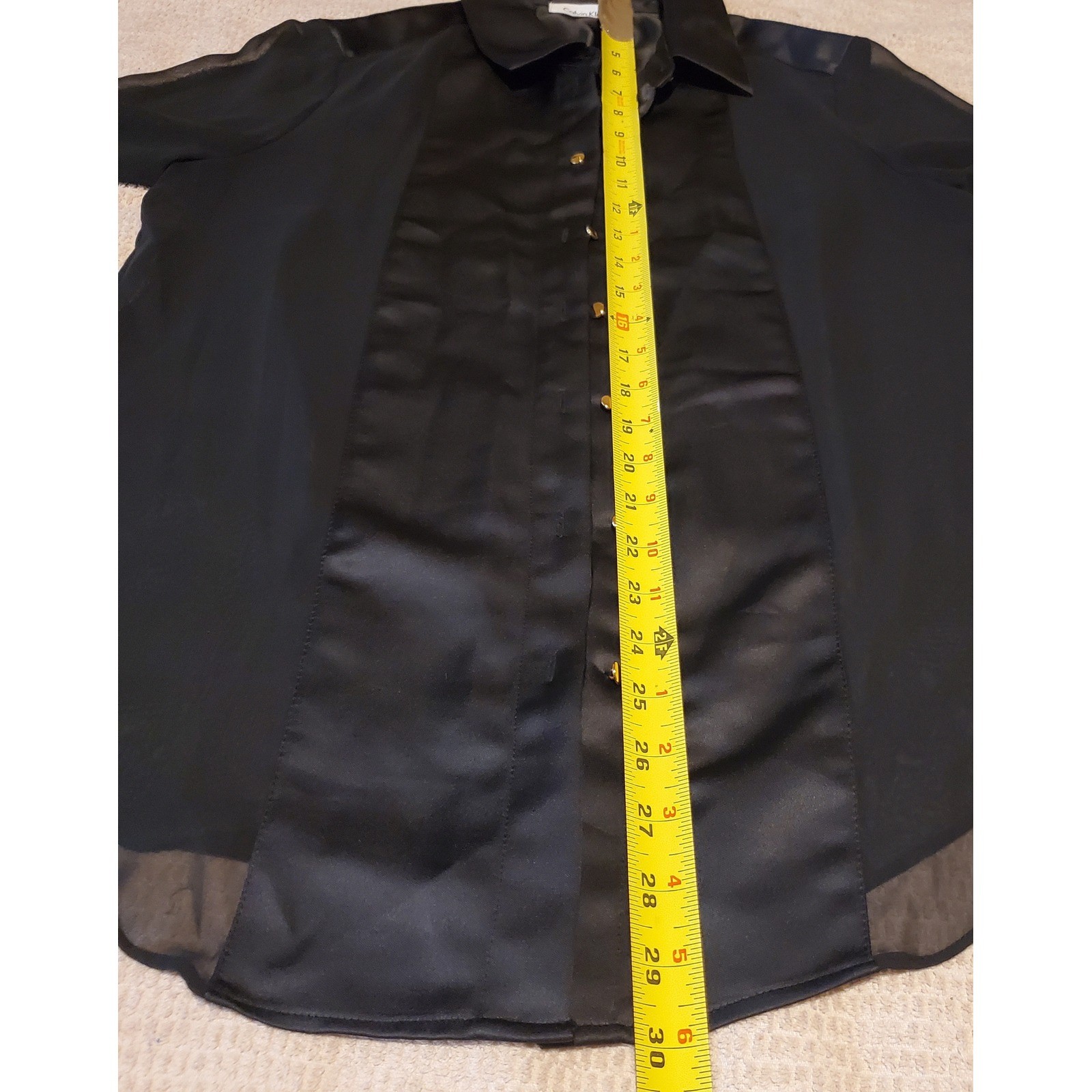 Calvin Klein Womens Black Sheer Chiffon Satin Mixed Media Button Down Blouse