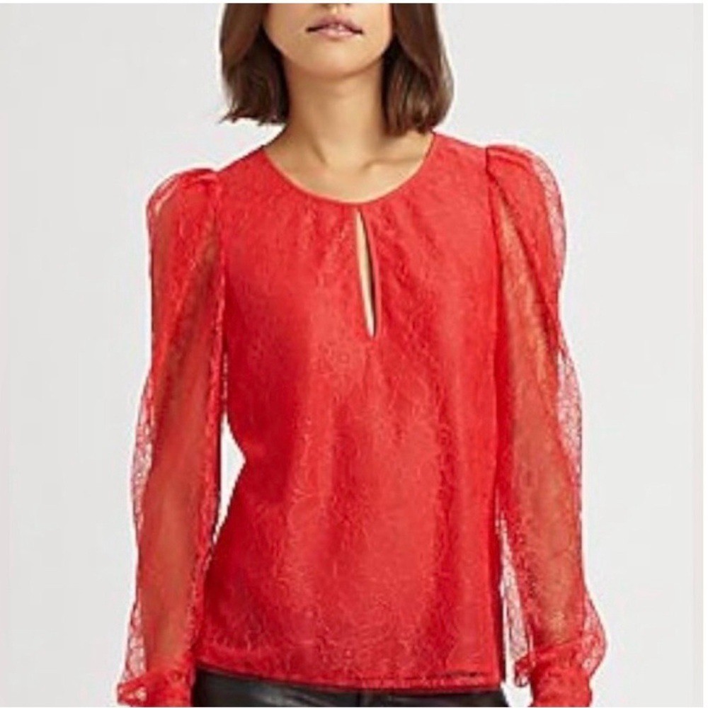 #110 BCBG Max Azria Gorgeous Red Lace Blouse with Sheer Puff Sleeves. NWT