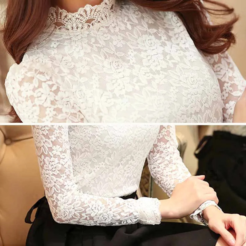 Blusa Encaje Blanca Mujer Manga Larga Casual Moda Camisa Otoño