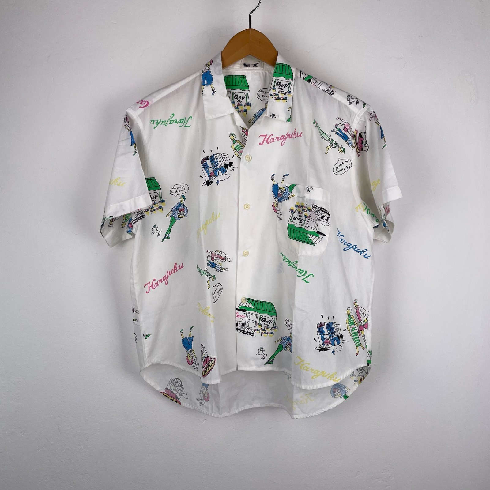 Vintage 80s Button Up Shirt Harajuku Shopping Park Music Graphic Retro One Size