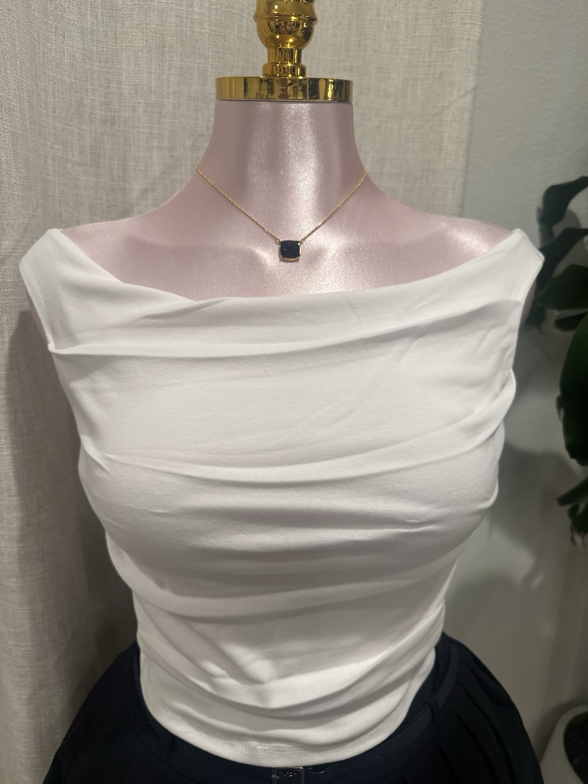 Active Basic White Ruched Sleeveless Boat Neck Stretch Knit Top Cotton Women