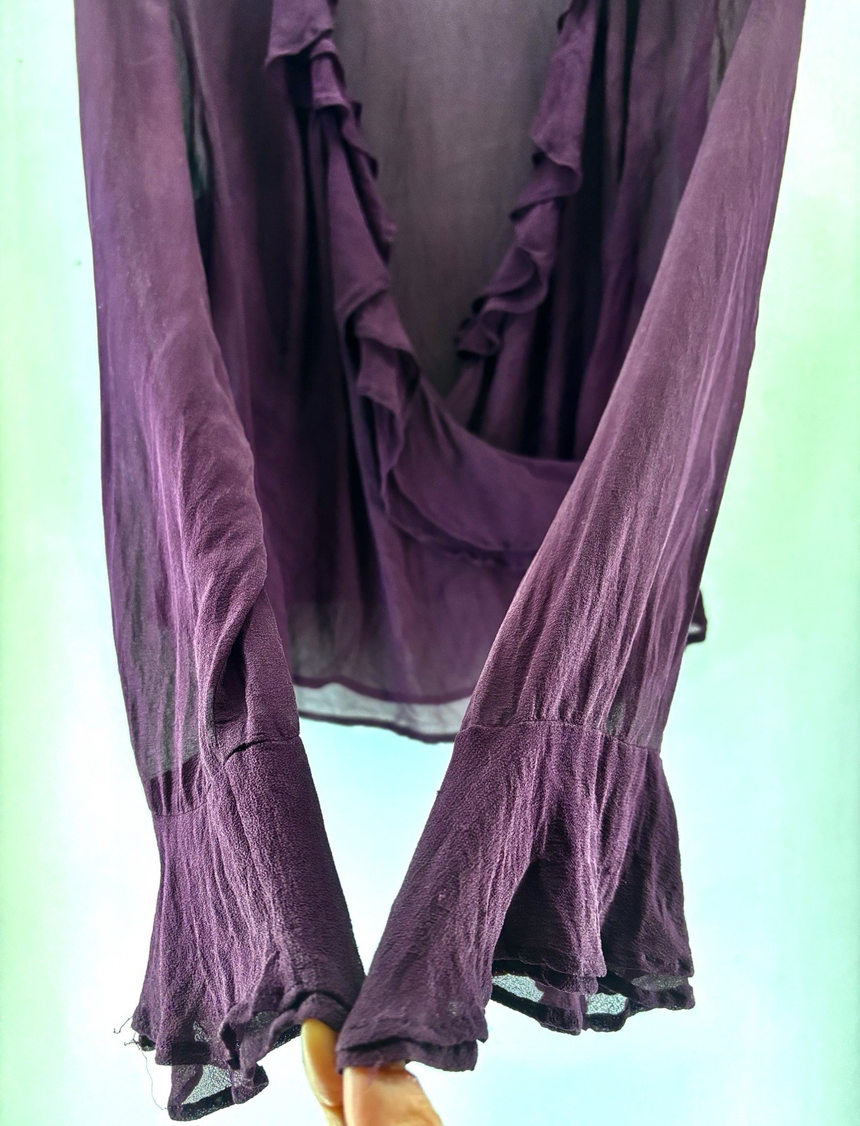 Monsoon Somen. 100% Silk Top Ruffle Blouse Flare Purple Light-weight Sz14 R1246