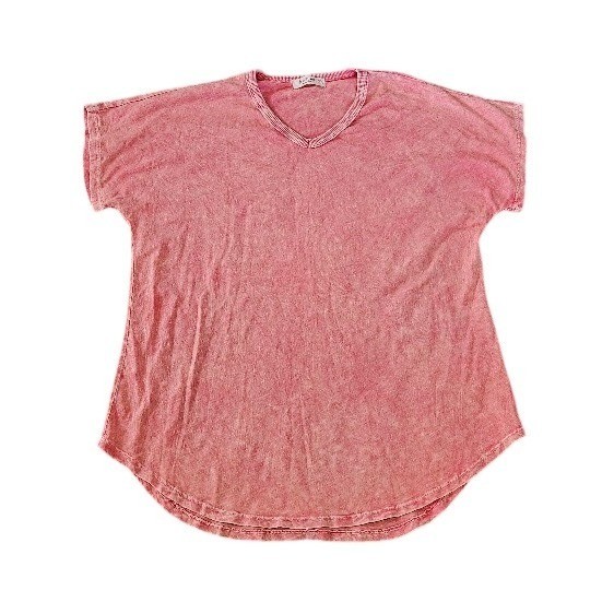 Jess & Jane Short Sleeve Top Womens Large Pink Mineral Wash V-Neck Cotton Shirt