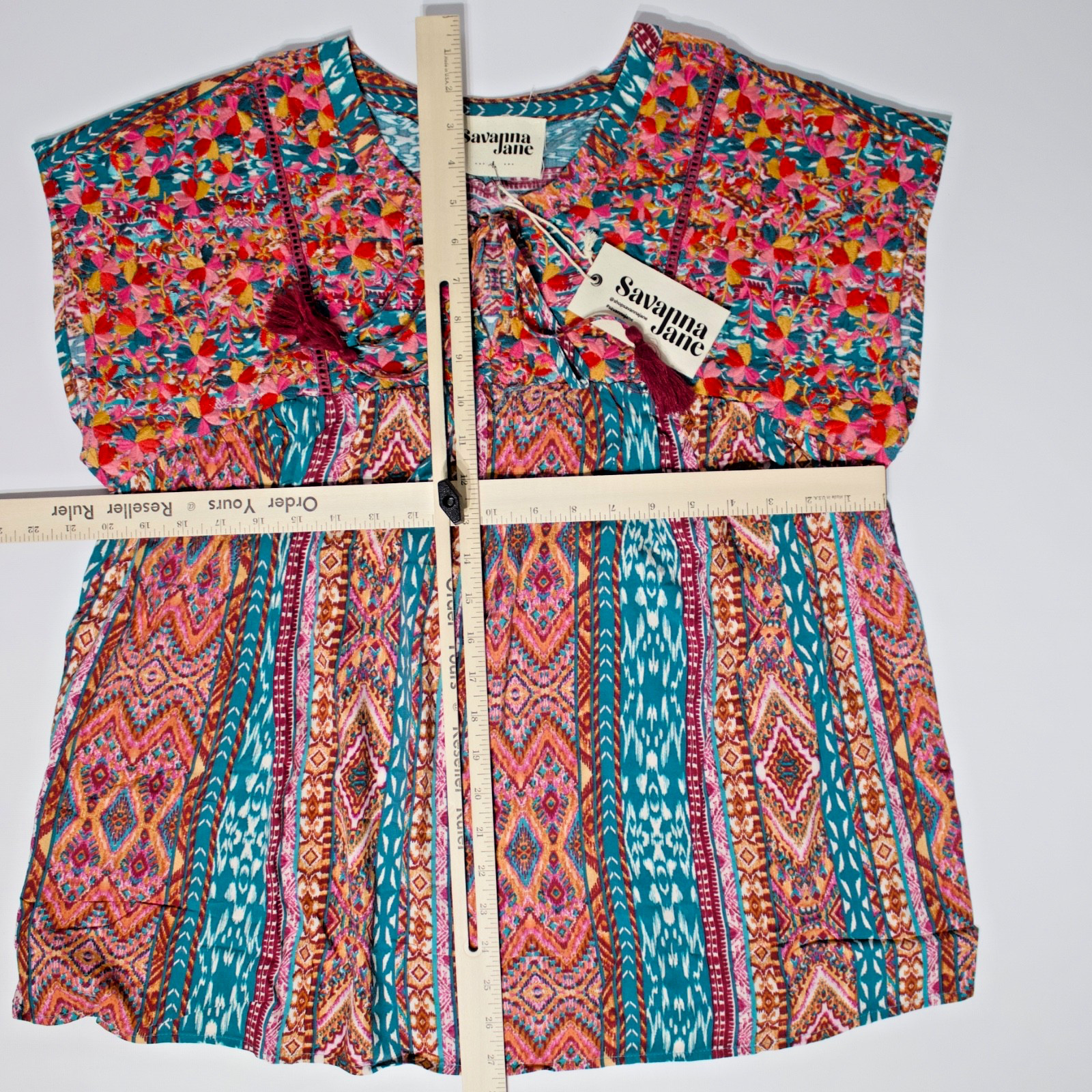 NWT Savanna Jane Pink Red Embroidered Tasseled Blouse Top Boho Festival Women L
