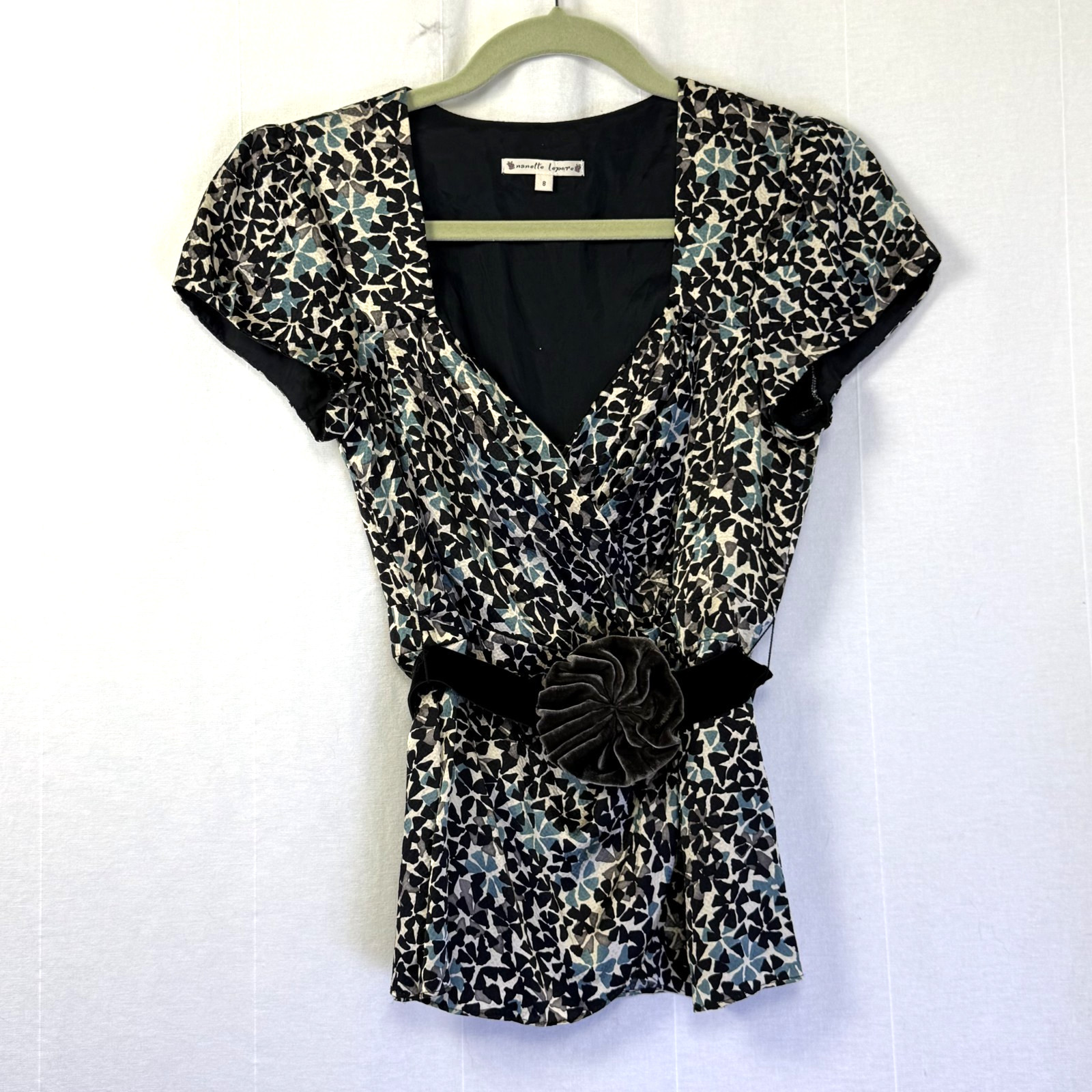 Nanette Lepore Silk Babydoll Top Womens Sz 8 Multicolor V-Neck Wrap Rosette Belt