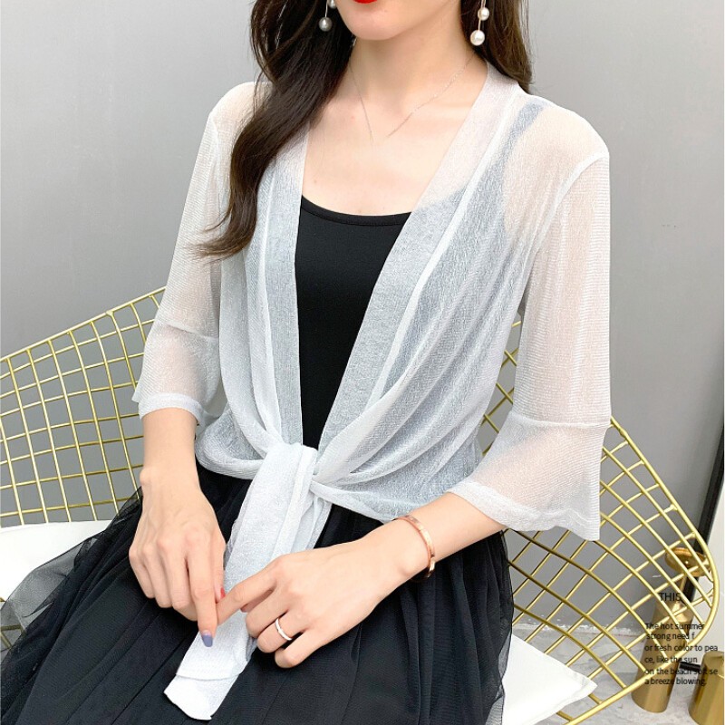 Lady Faux Silk Mesh Cardigan Flared Sleeve Cropped Tops Bolero Shrug Shawl