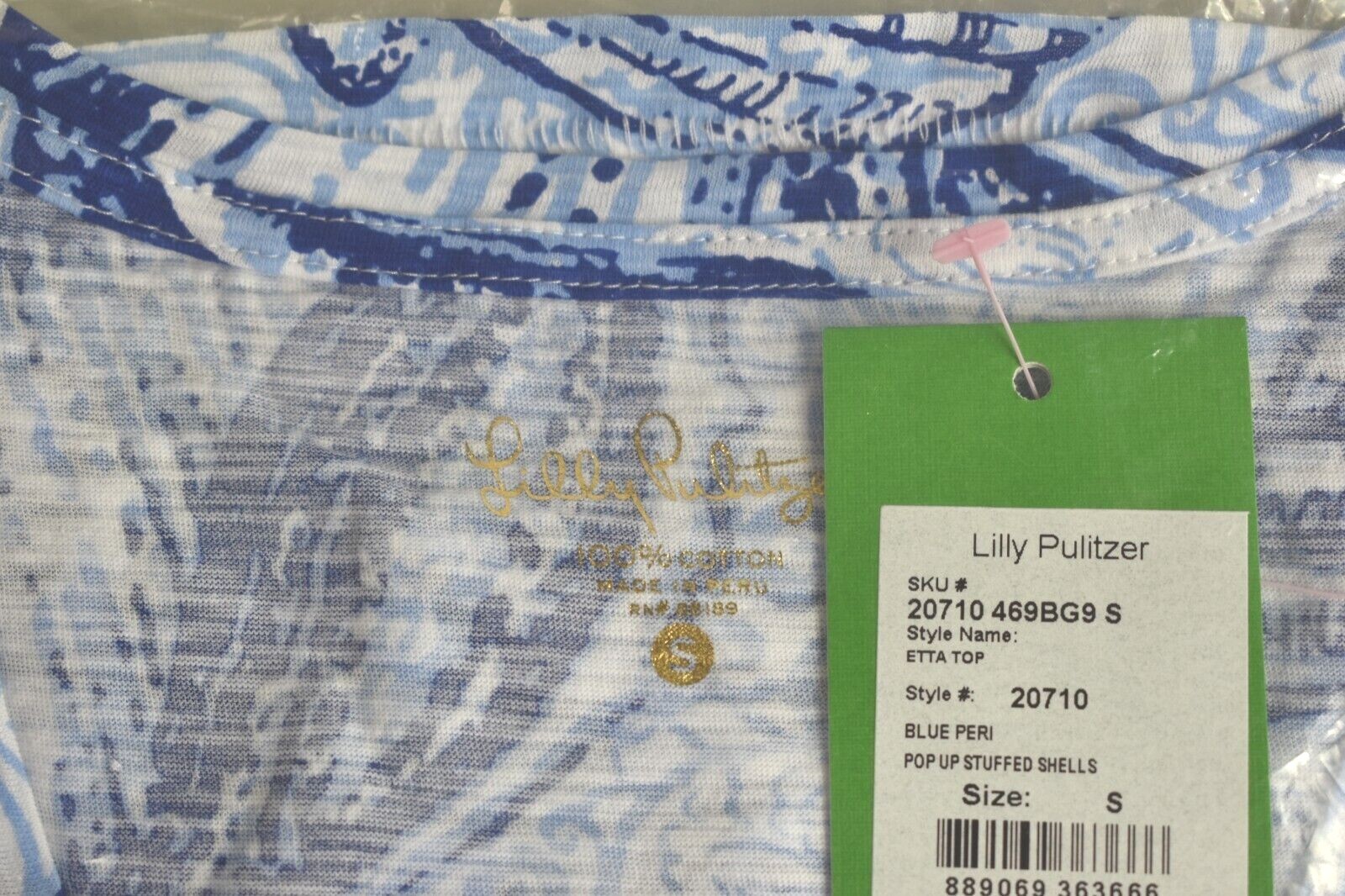 New Lilly Pulitzer Etta Top Blue Peri Pop Up Stuffed Shells White V Neck S M L