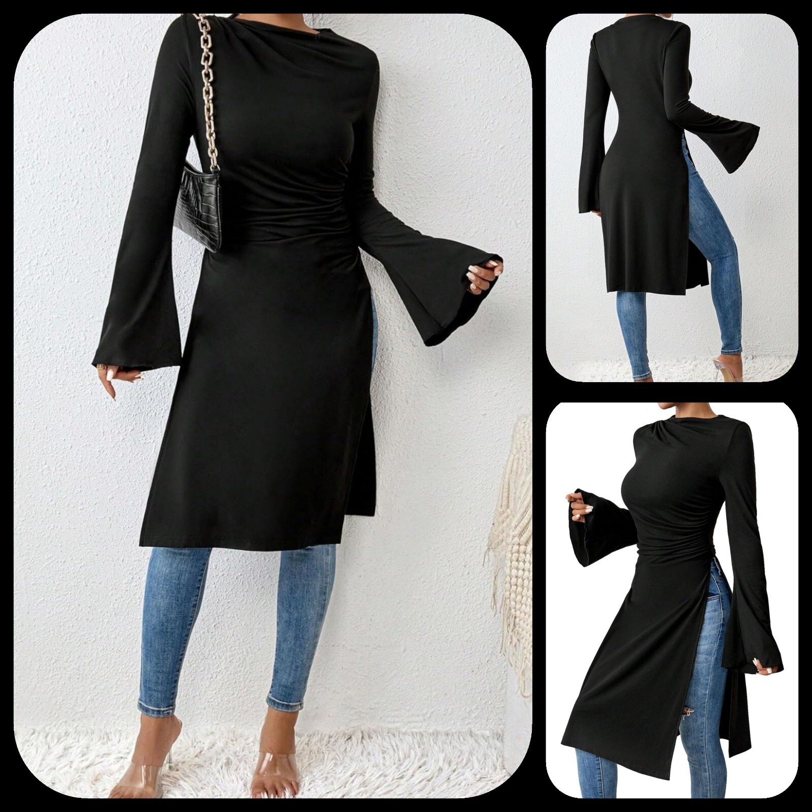 Women’s Black Drawstring Side Style Flounce Long Sleeve Split Thigh Shirt Top L