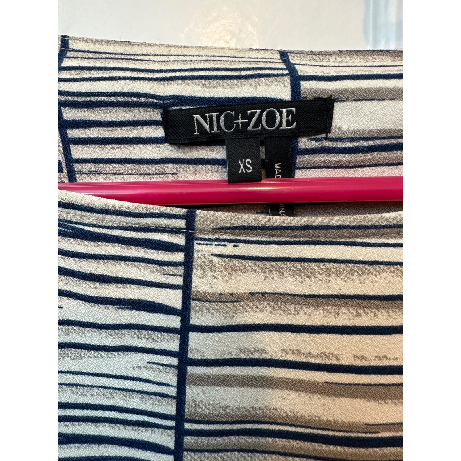Nic + Zoe Womens XS Navy Cream Striped Geometric Grid Boat Neck Blouse Top