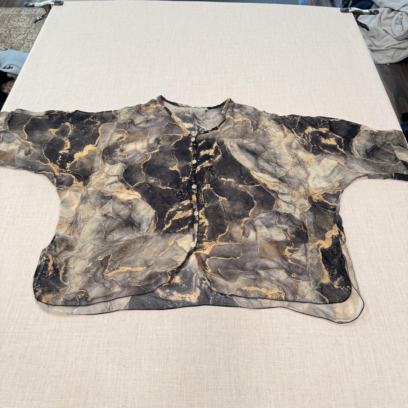 Meo Meli Shirt Womens One Size Black Marble Dolman Sheer Chiffon Button Up Top