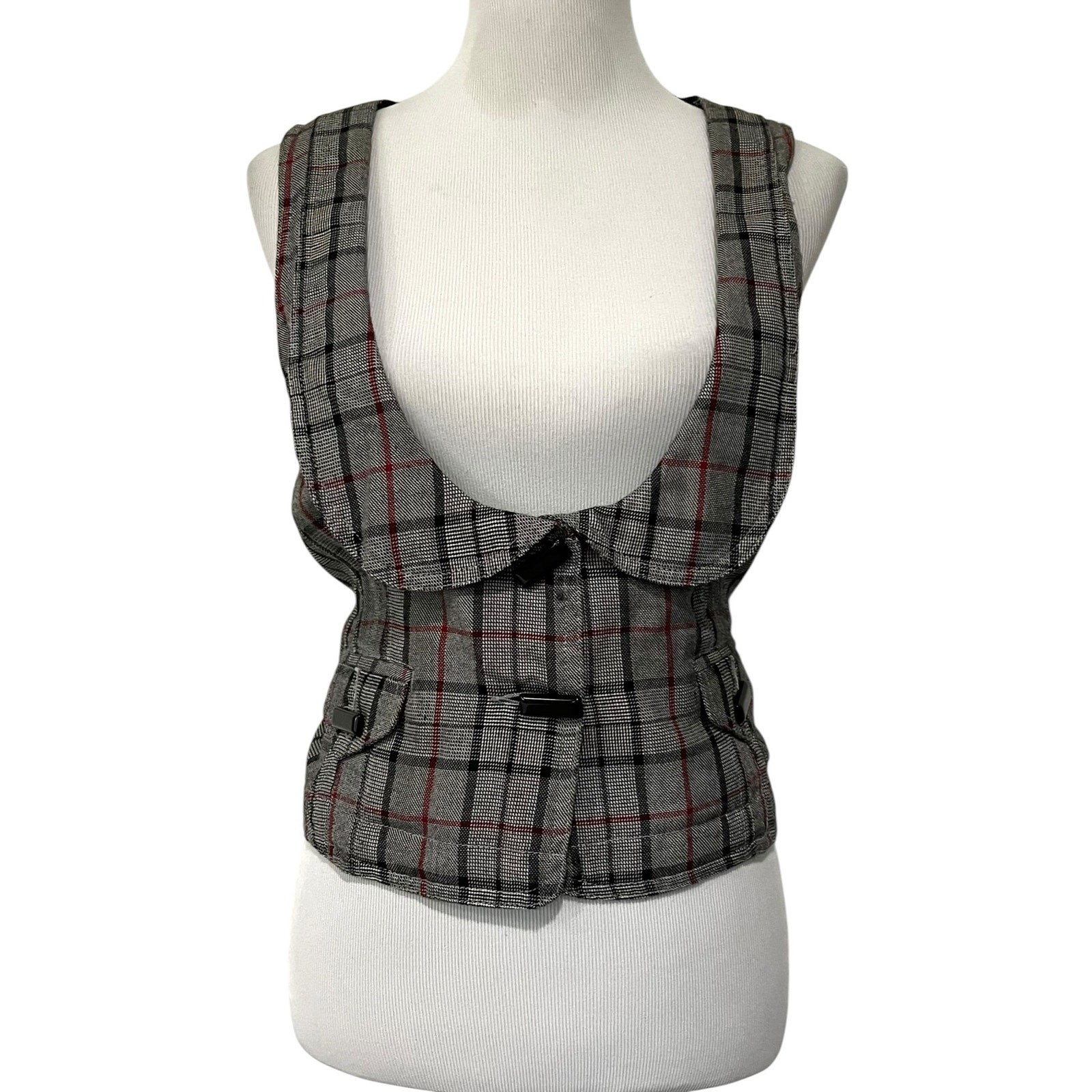 Vintage Y2K Women’s Vest Plaid Shawl Collar Scoop Neck Waistcoat 90s Preppy XL