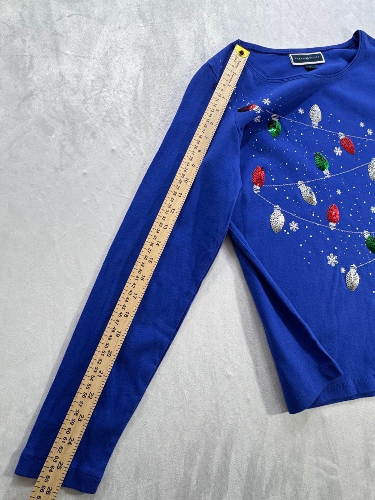 Karen Scott Whimsy Tee Sz S Blue Sequin Christmas Lights NWT