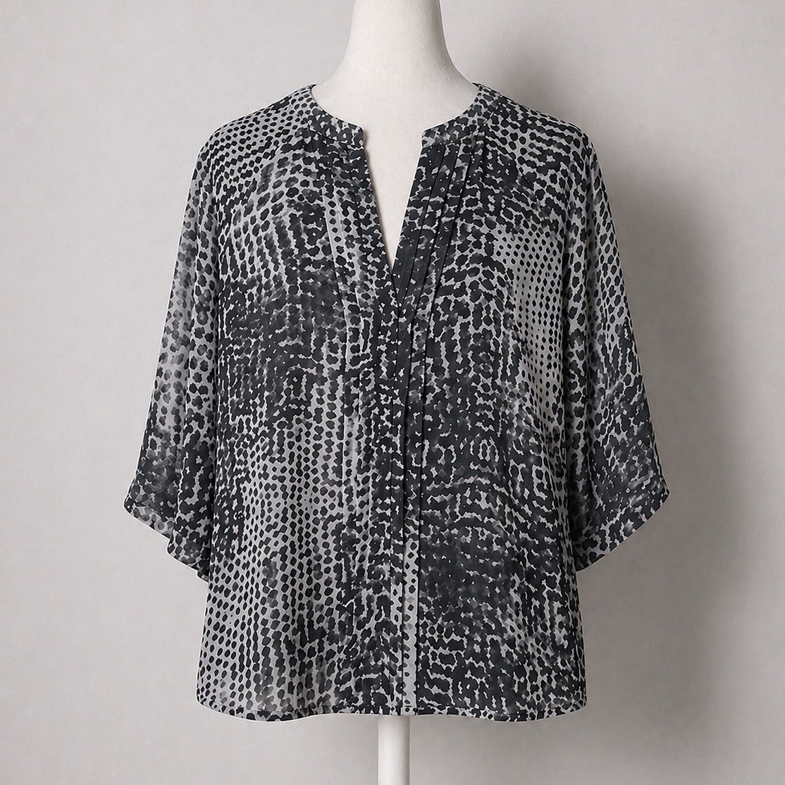 A.N.A Blouse S Sheer Chiffon Abstract Gray 3/4 Slv Smocked Contemporary Career