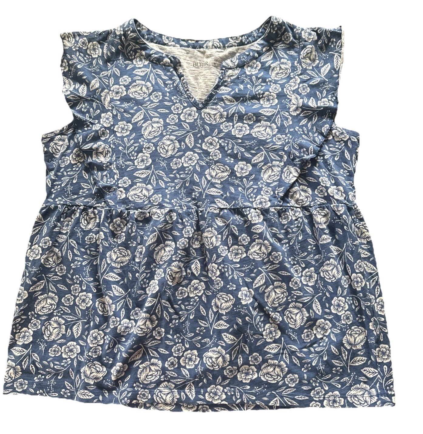 Blair Blouse Shirt Women’s L Blue White Floral Natural 100% Cotton Cool Casual