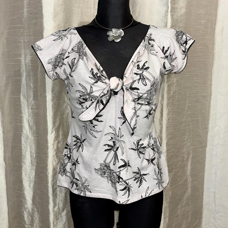 Vintage Black & White Tropical Palm Leaf Tie Front Blouse Size XL