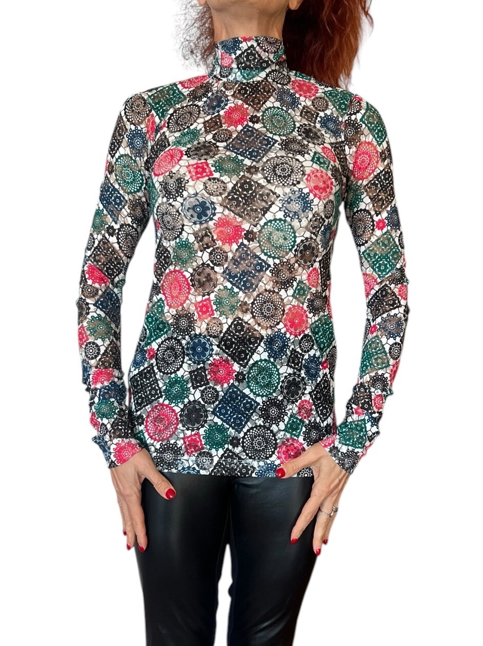 WOMEN’S MSGM MEDALLION GEOMETRIC MESH HIGH NECK LONG SLEEVE BLOUSE TOP 40 4