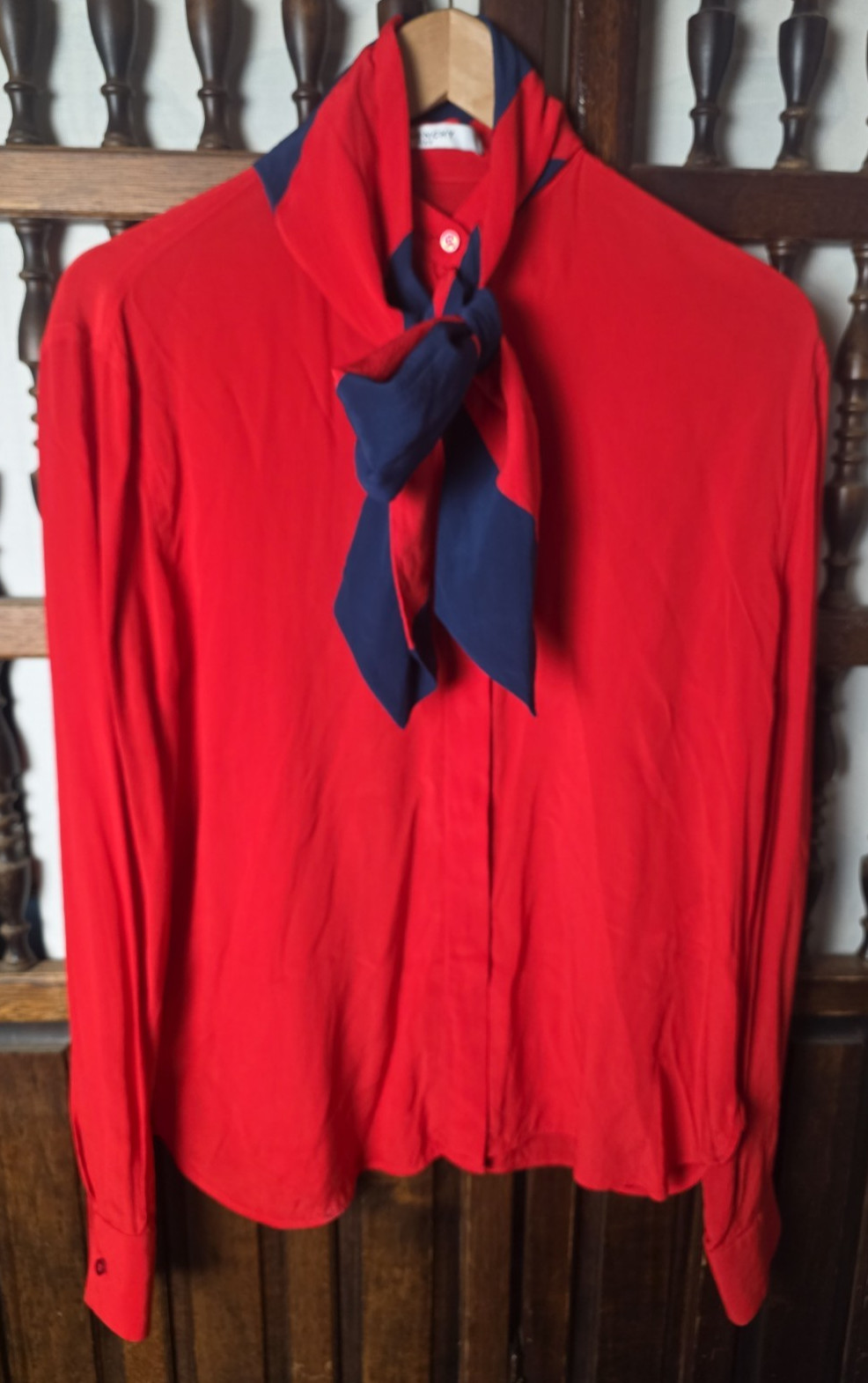 Vintage Givenchy Paris 100% Silk Tie Neck Blouse Red Lavallière Women’s Size 38