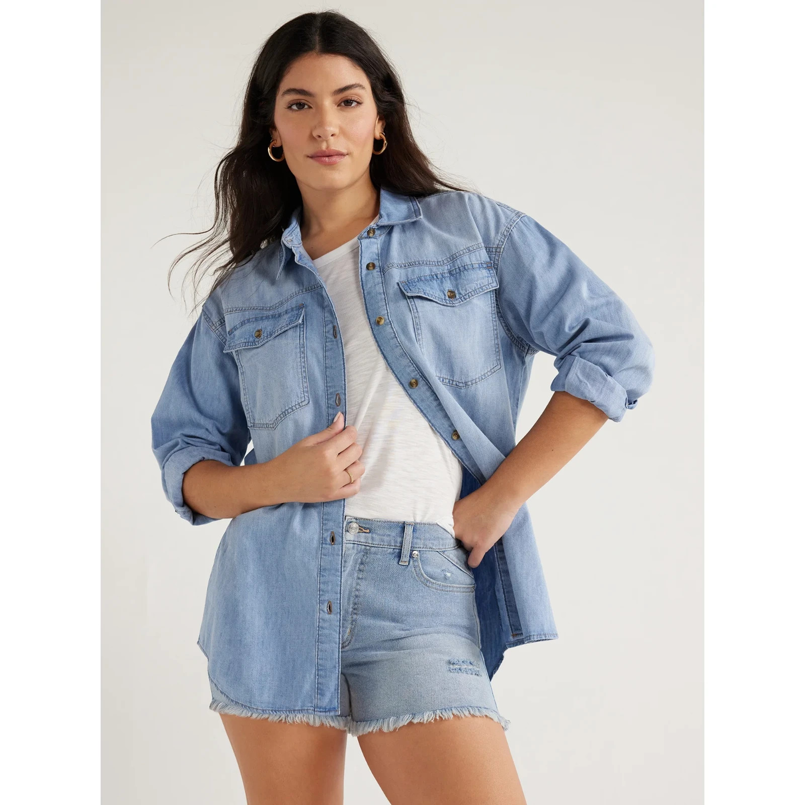 Sofia Vergara Women’s Plus Oversized Boyfriend Shirt Long Sleeves Jenim XXXL 20