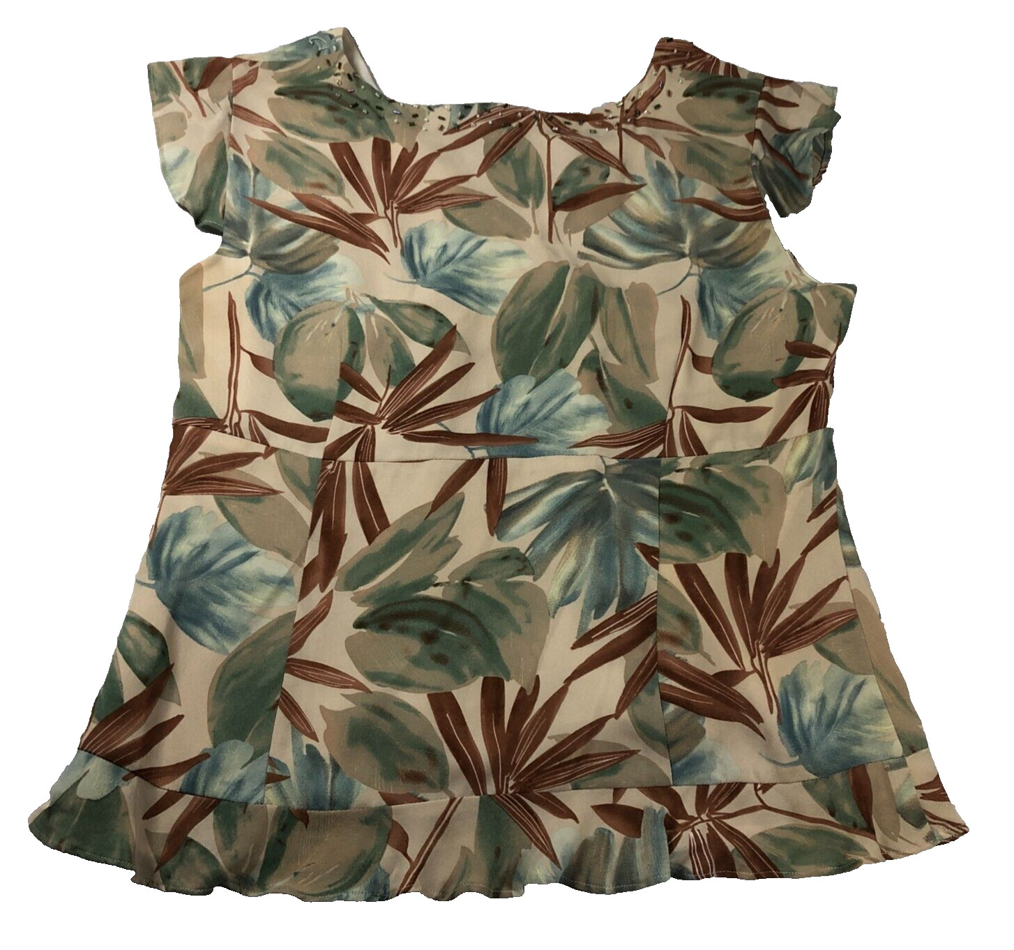 Due Per Due Womens Silk Blouse Size 10 Palm Print Beaded V-Neck Lined