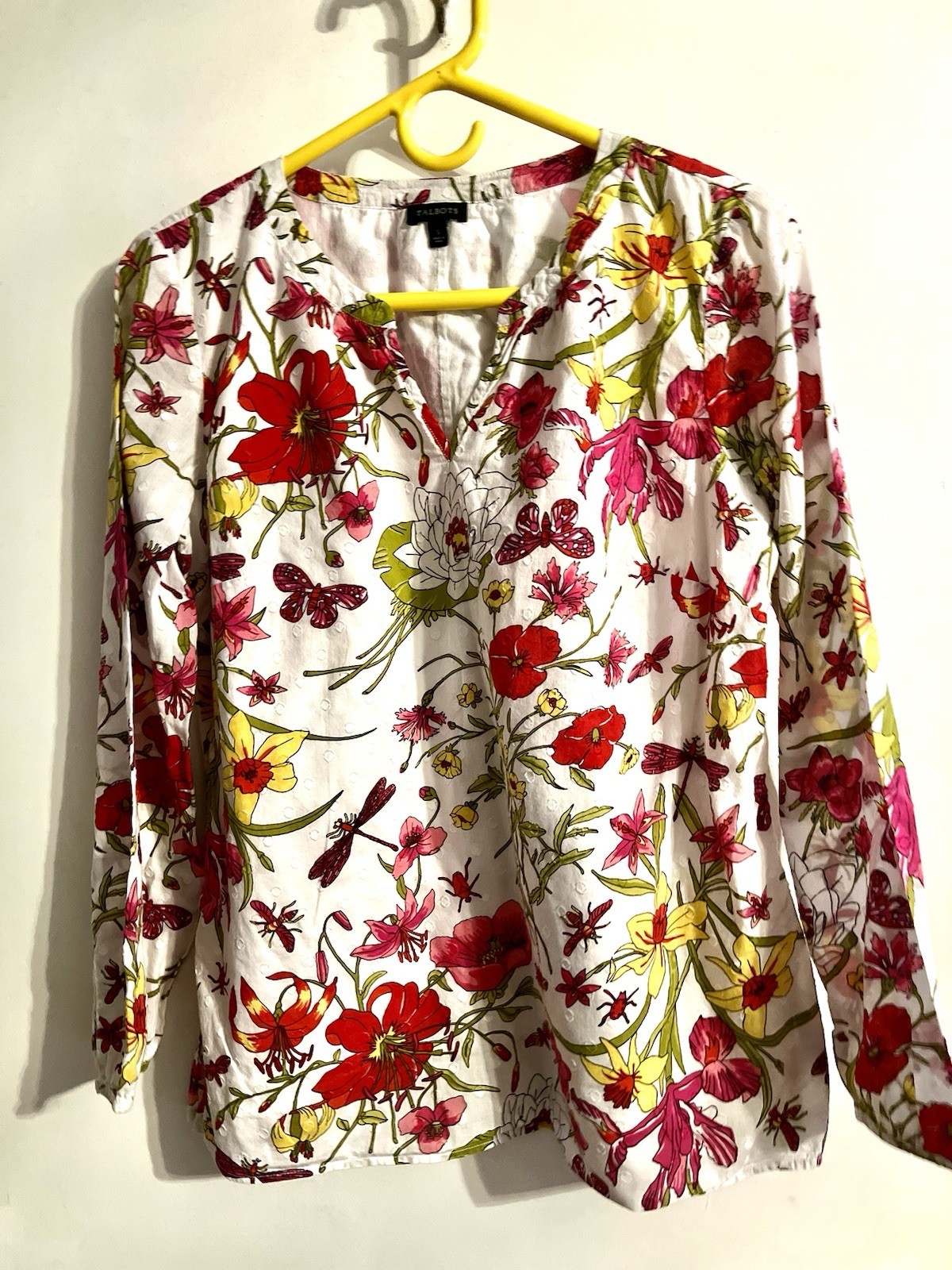 Talbots Floral Long Sleeve V-Neck Top White and Pink-Size S