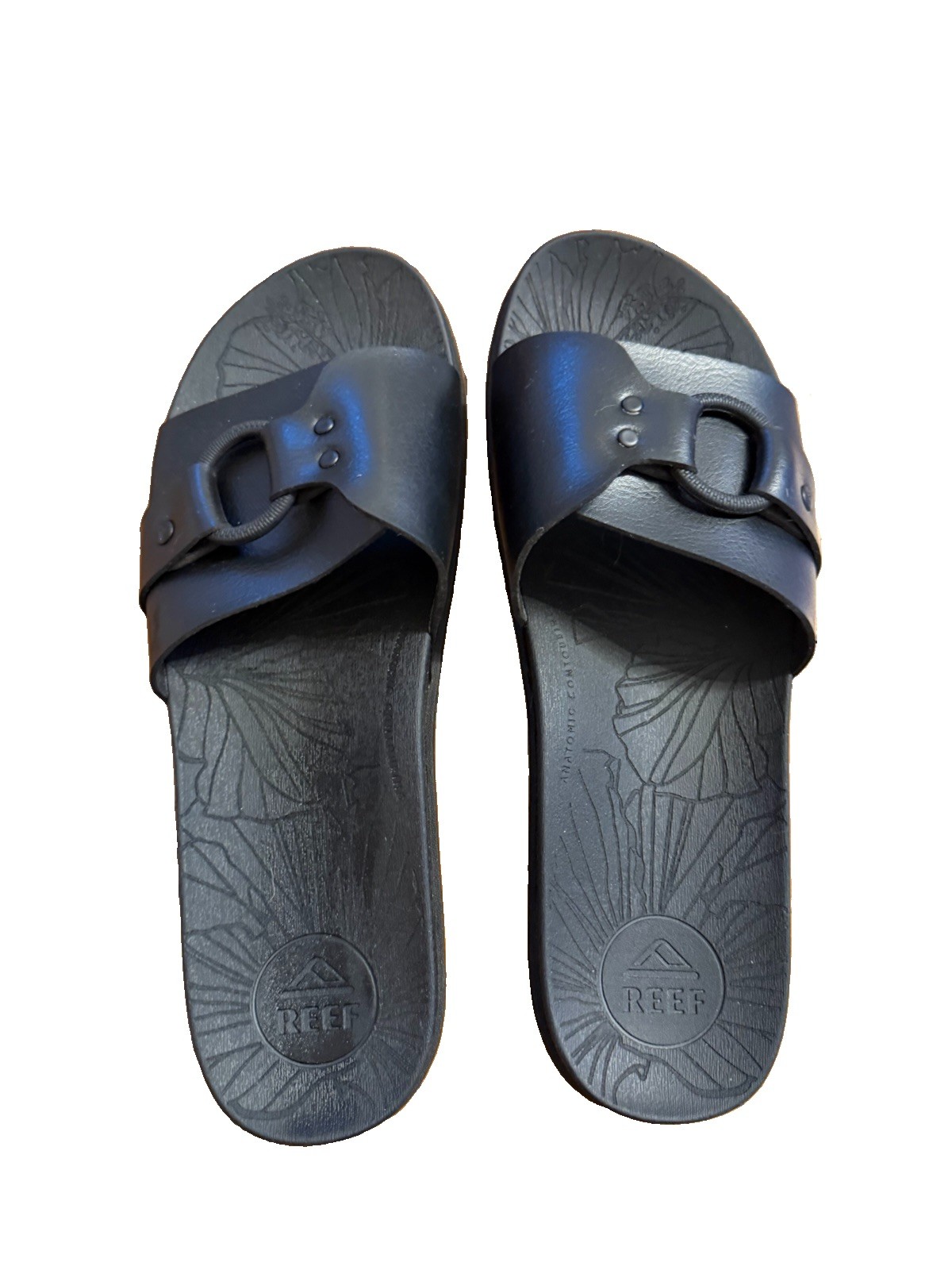 Reef Black Leather Slide Sandals Logo Accent Slip-On US 10 Woman’s Adults
