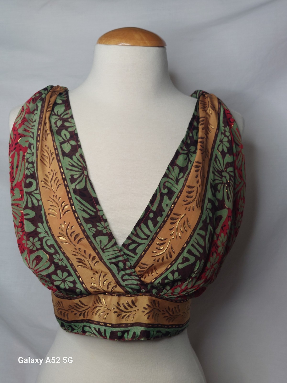 Boho Crop Top Womens S/M Red Green Brown Gold India Print Festival Tie Back Y2K
