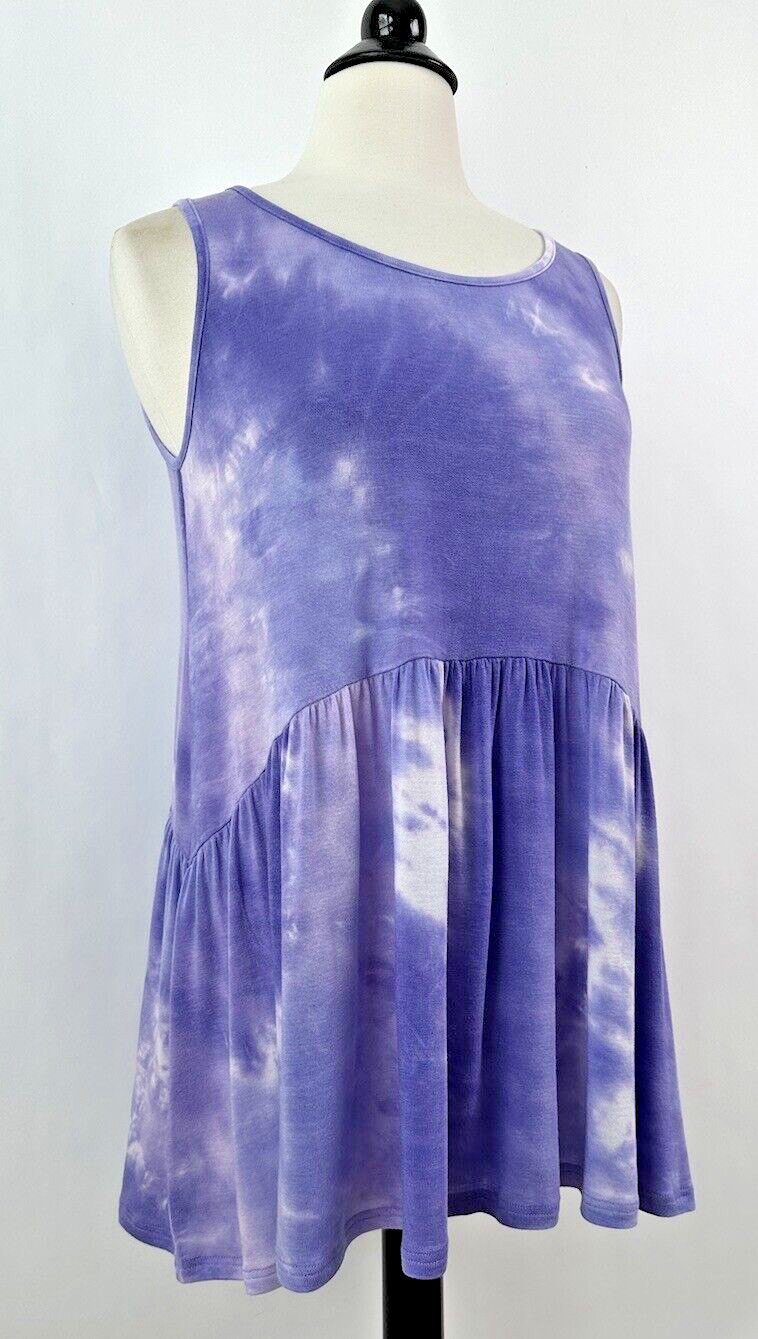 Easel Tie Dye Babydoll Tank Purple White Soft Stretch Sleeveless Sz M NWT Top