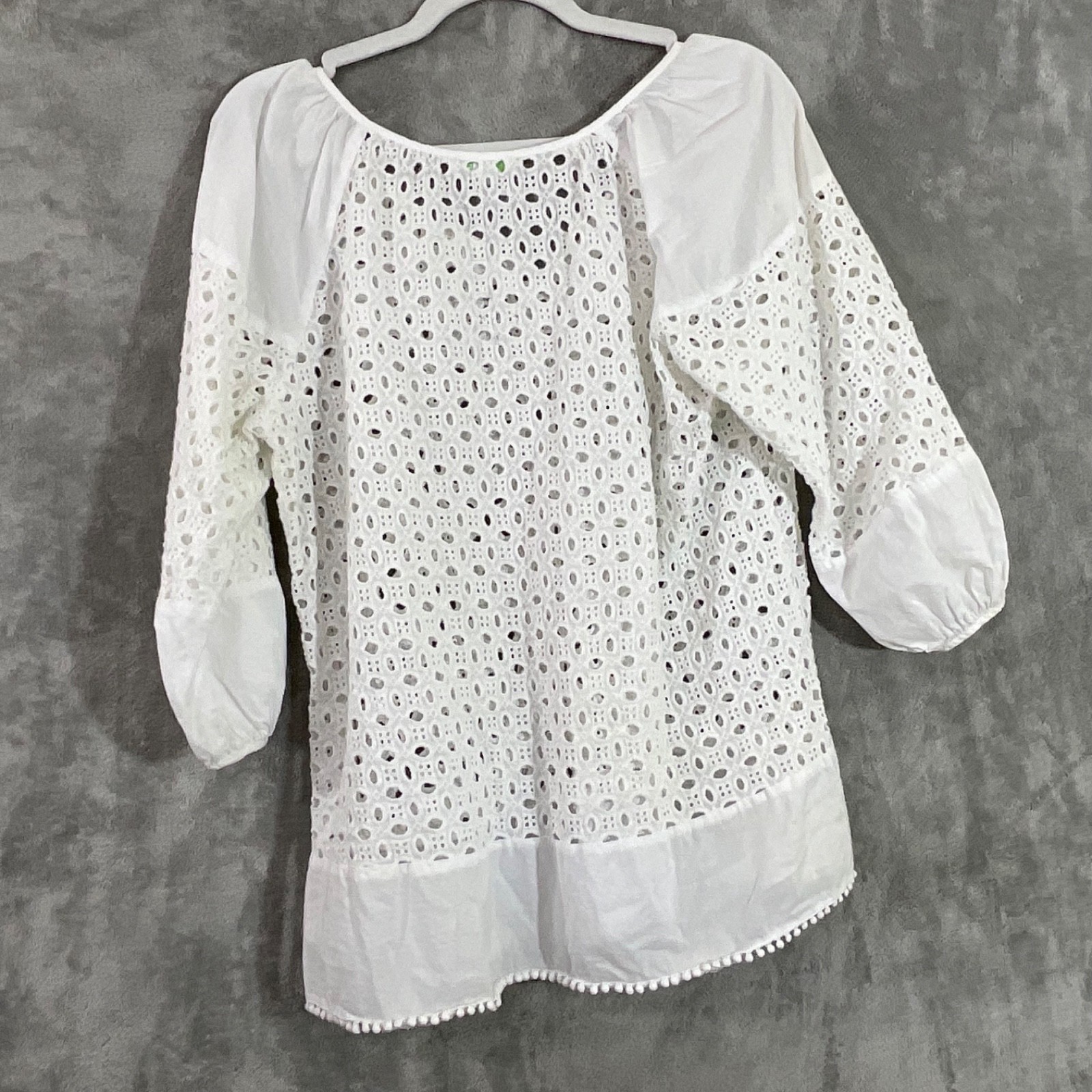 Jade Melody Tam Eyelet Top cover Women’s L white 3/4 balloon sleeves tassel
