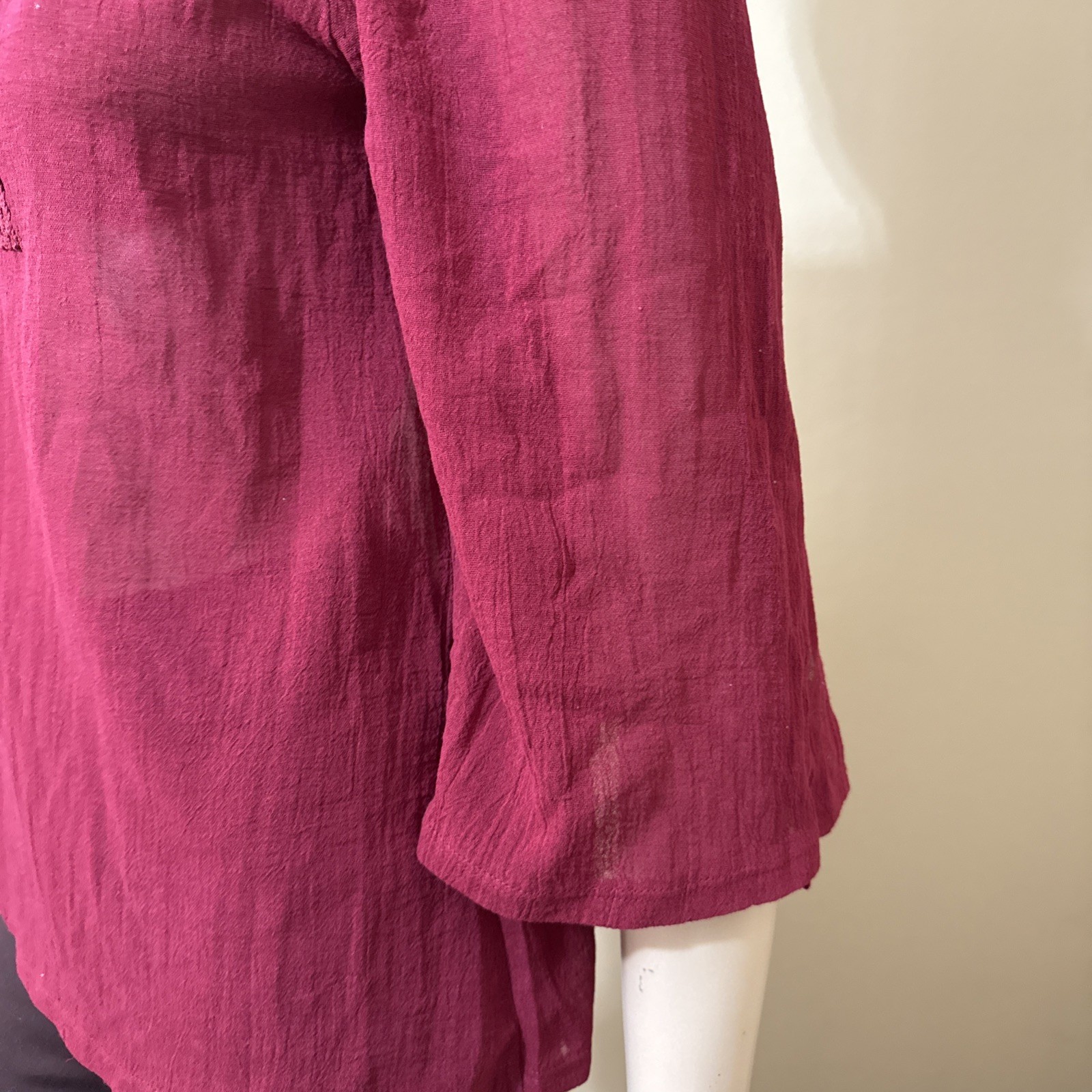 Women’s Burgundy Cotton Casual Boho Lace Long Sleeve Slit Tied Size S Blouse Top