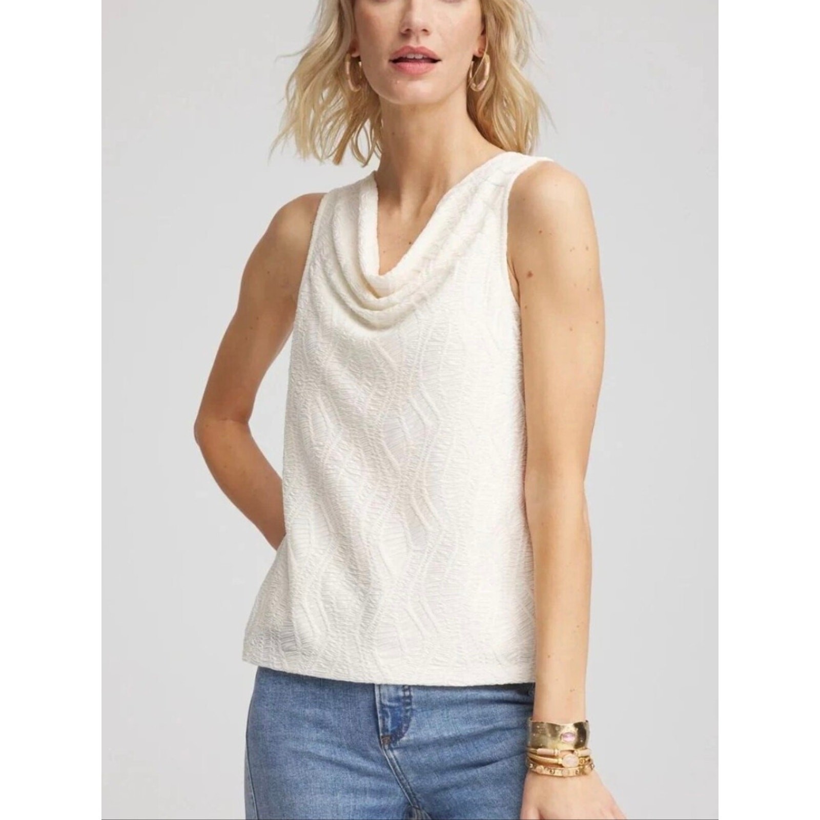Chico’s Cowl-Neck Tank. Super soft jacquard-knit fabric. Ivory. Small