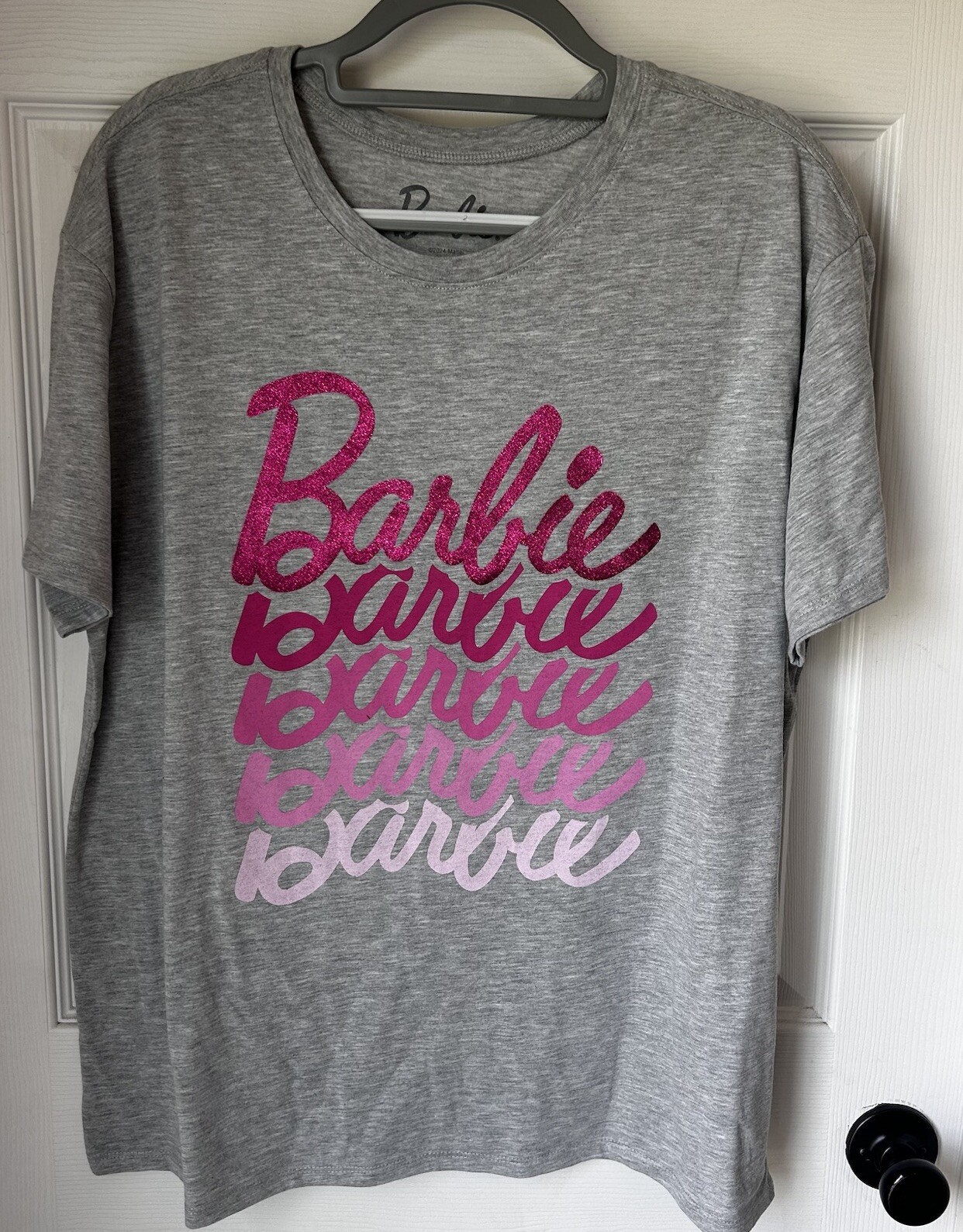 Barbie Ladies T-shirt Gray W/ Shades of Pink & Glitter Sz Large Adult NWOT BxK