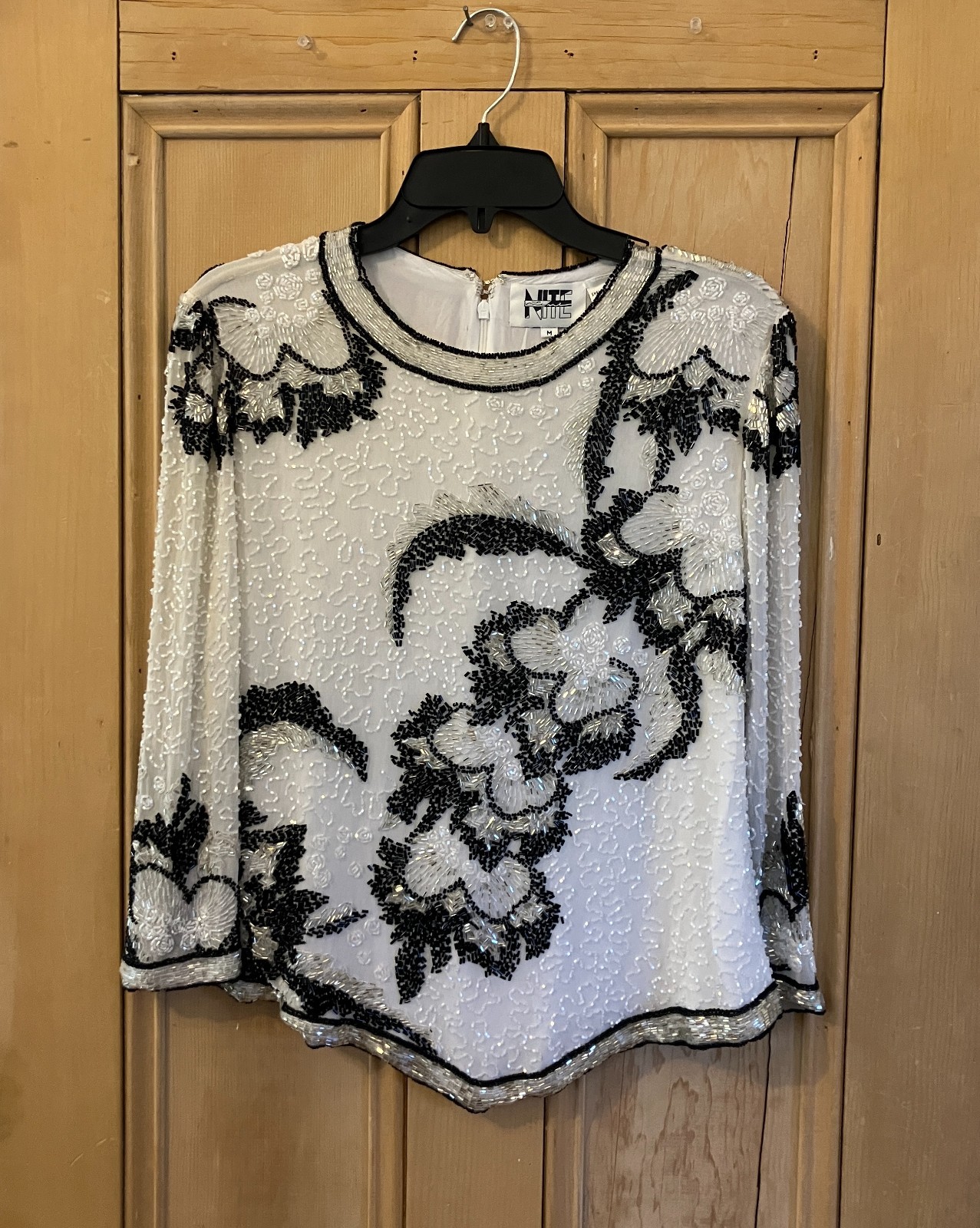 Nite Line Womens Vintage 90s 100% Silk Beaded Top Size Medium White Black FA EXC