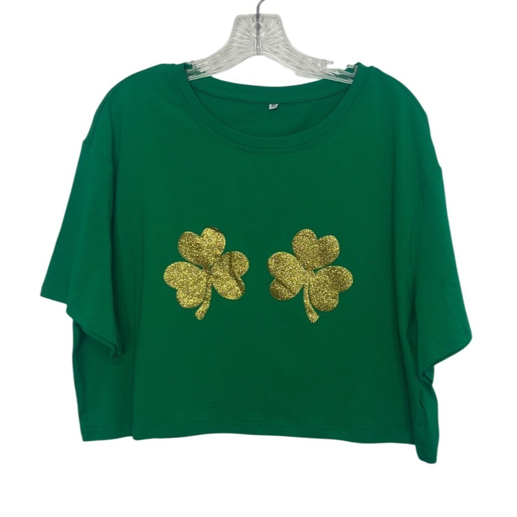 St. Patricks Day Cropped Tshirt Gold Glitter Shamrocks XL Green