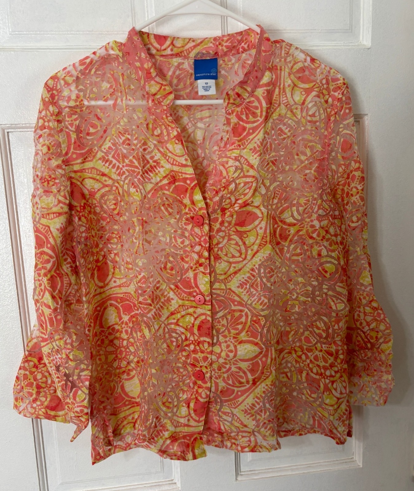 Sapphire Star Womens Blouse 12 Pink Yellow Multicolor Burnout Sheer 3/4 Sleeve