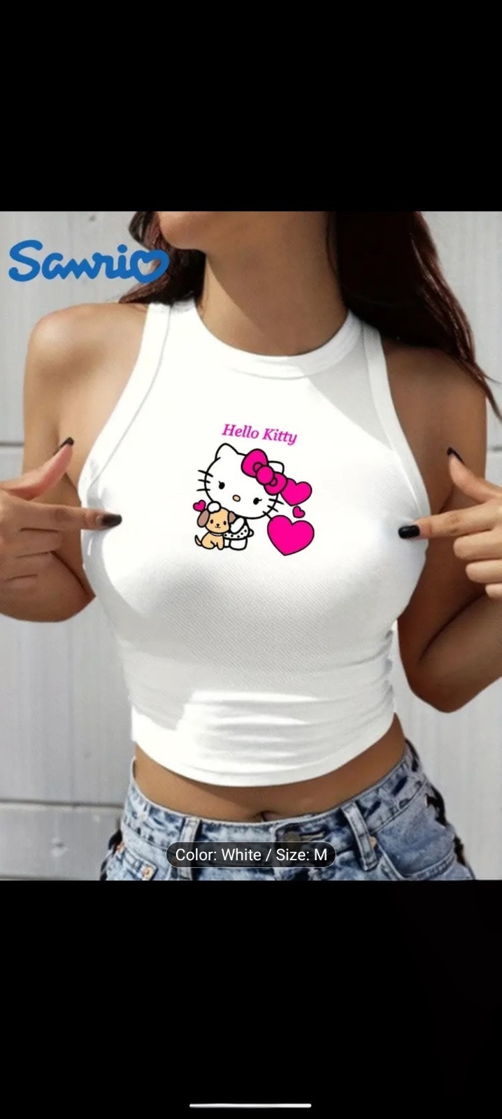 Hello Kitty Crop Top Tank Cute White Casual Wear Pink Heart Same Day Shipping M