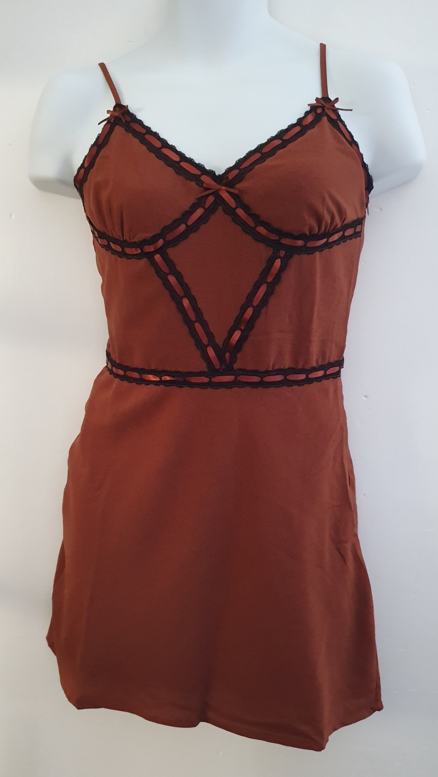 Y2KBailey Rose whimisgoth Brown Cami Slip dress Top Black Lace Ribbon Coquette S