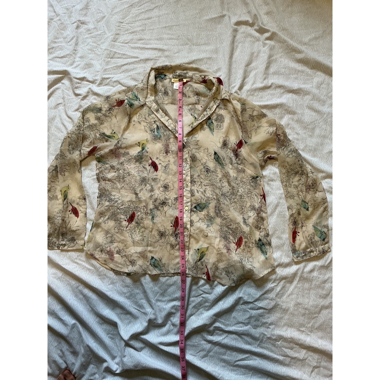 Sweet Magnolia Bird Floral Print Sheer Button Down Blouse Cream XXL