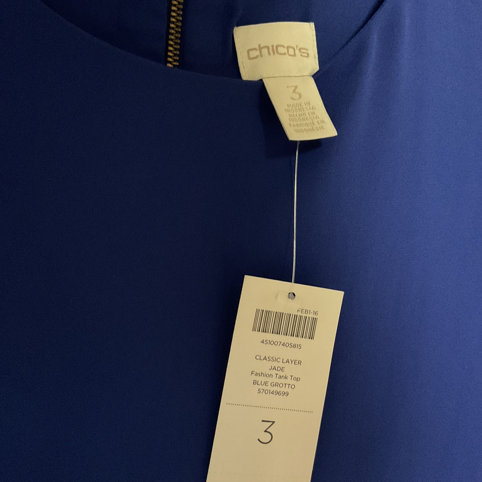 NWT – CHICO’S Size 3 (XL) “Jade” Classic Layered BLUE GROTTO Fashion Tank Top