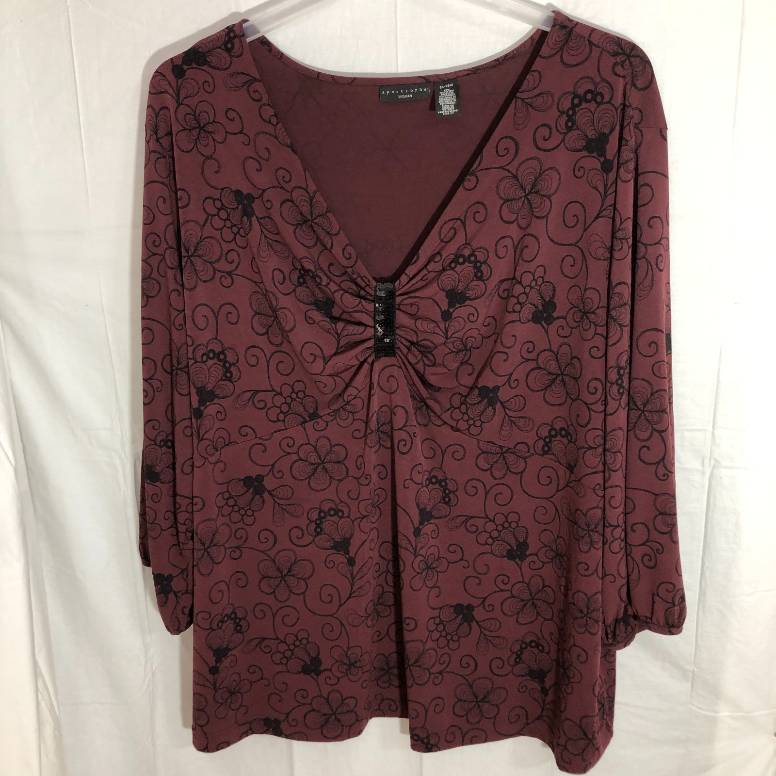 Apostrophe Woman floral sequin top blouse Tunic size 24 26w Burgandy Maroon 3/4