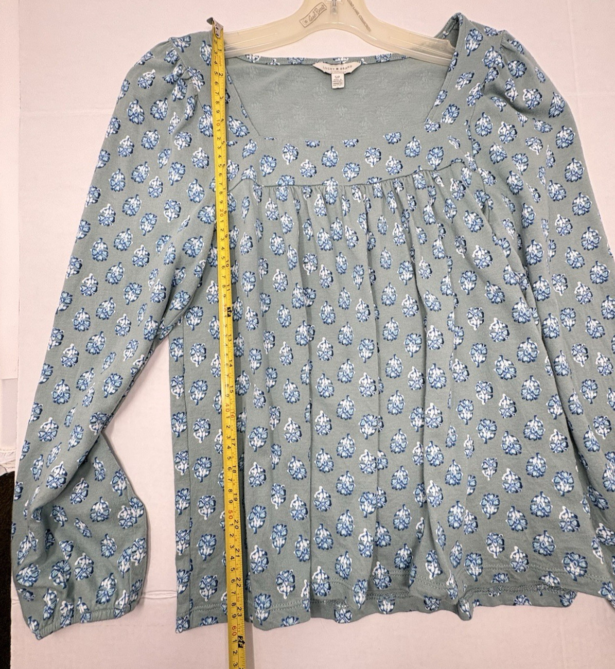 Lucky Brand Womens Square Neck Peasant Top Small Green Floral Long Sleeve Modal