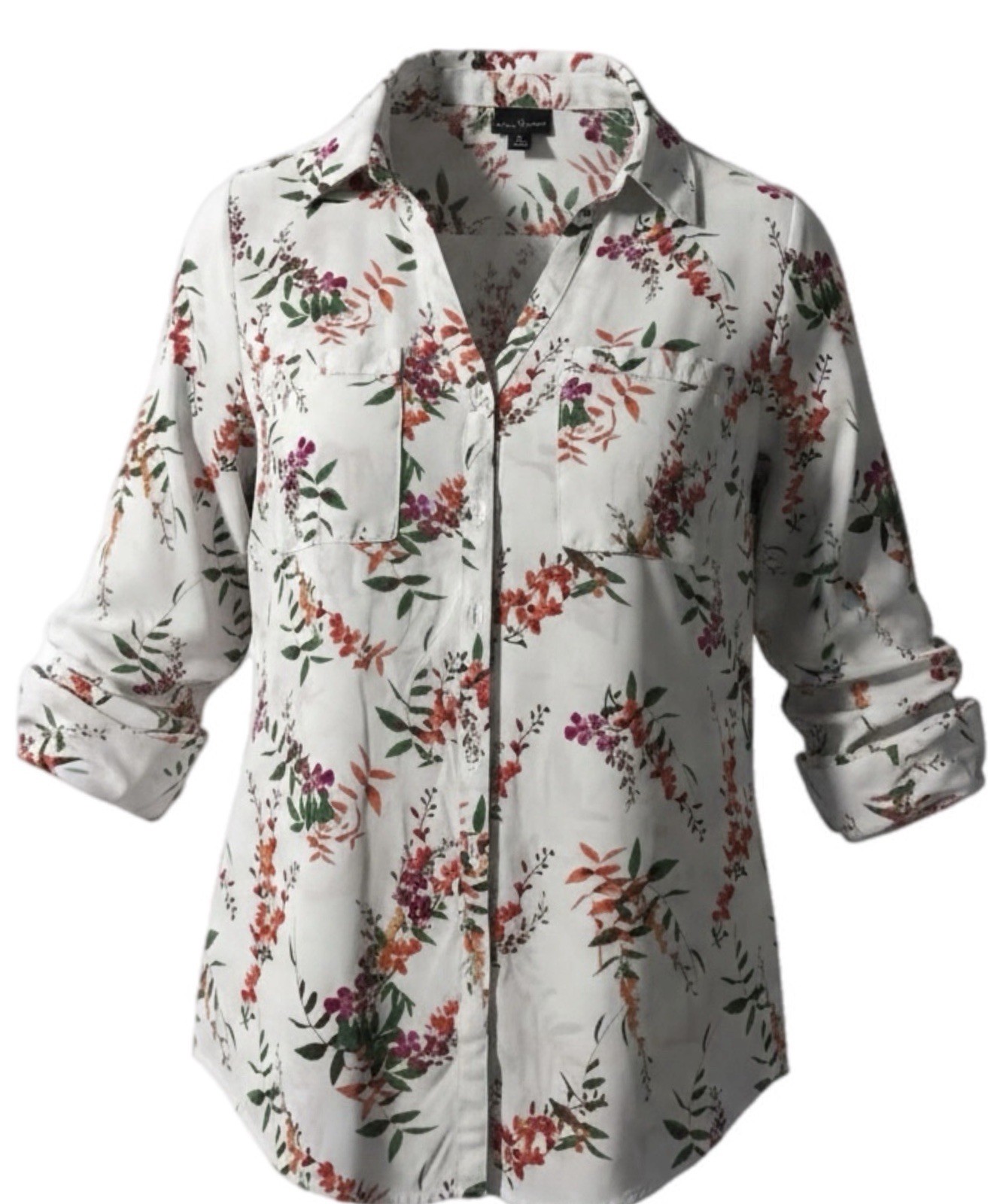 Worthington White Multicolor Floral Print Collared Button-Front Blouse Women’s L