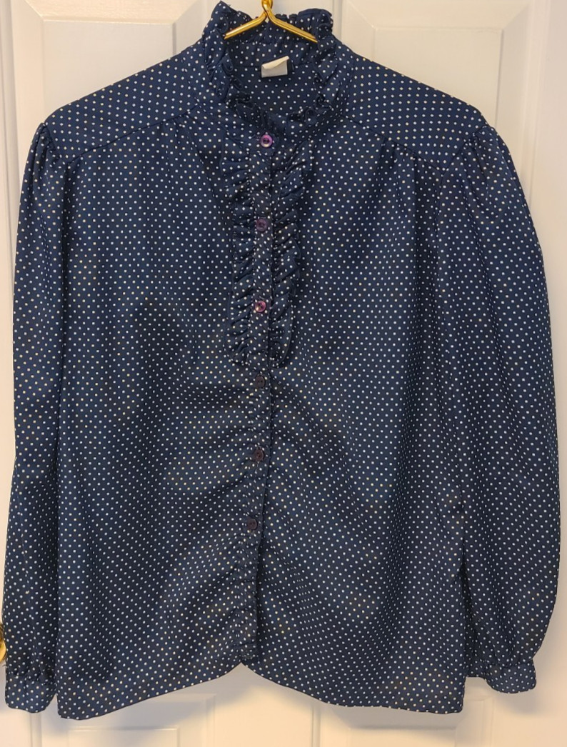 Vtg Pins & Needles Blue Polka Dot Ruffle Stand Up Collar Top USA Large Career
