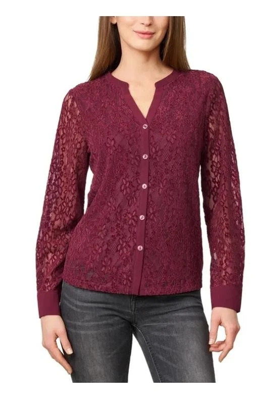 Cable & Gauge Women’s Lace Long Sleeve Lightweight Blouse, Tawny Port, M
