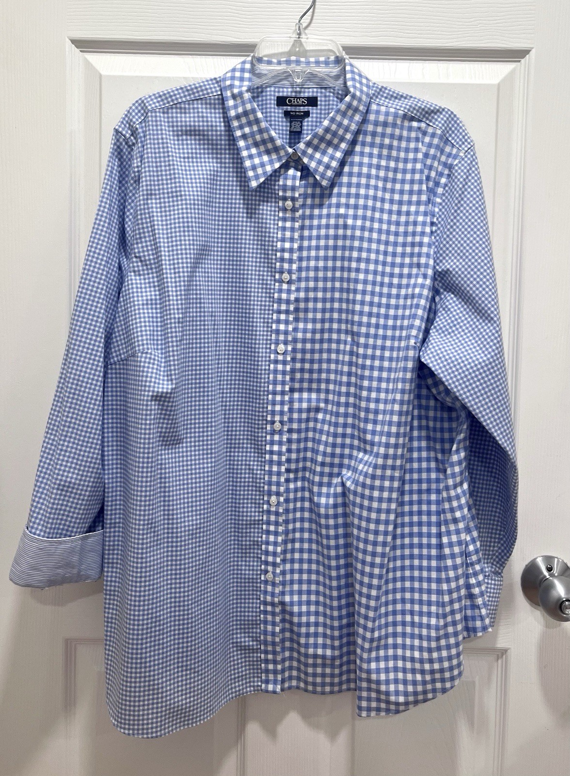 CHAPS No Iron Blue White Check Button Up Shirt Women Size 3X Flip Cuff Gingham