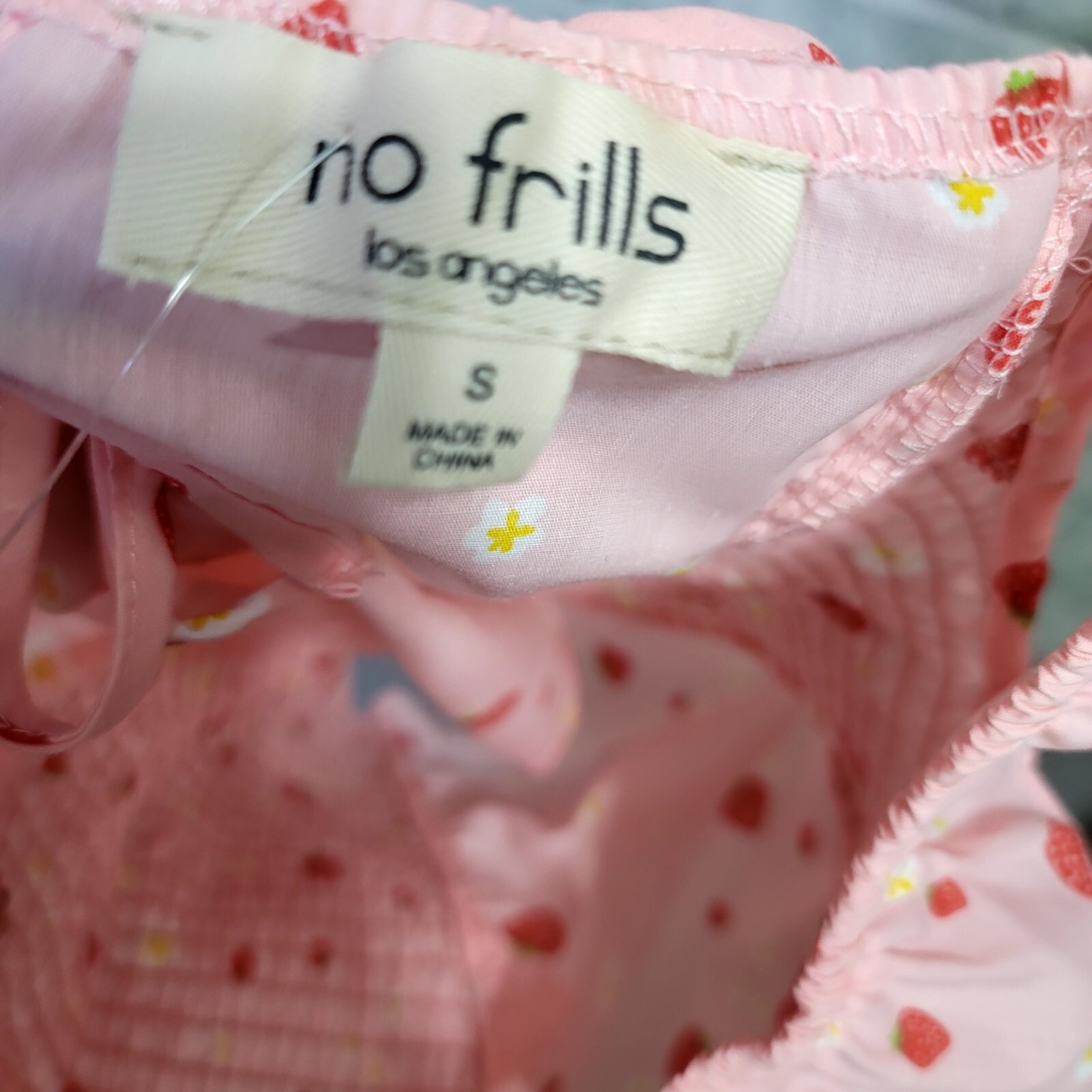 No Frills Womens S Pink Strawberry Pattern Smocked Sides Ruffle Straps Crop Top
