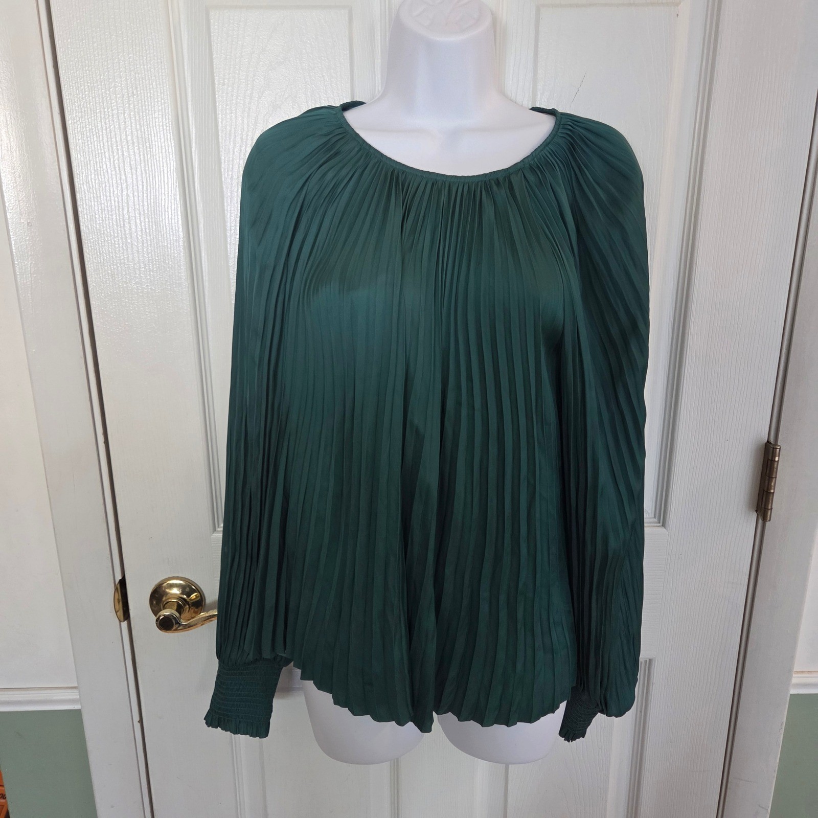 Ulla Johnson Dark Green Pleated Long Sleeve Blouse Smocked Cuffs Sz 8 $390 MSRP