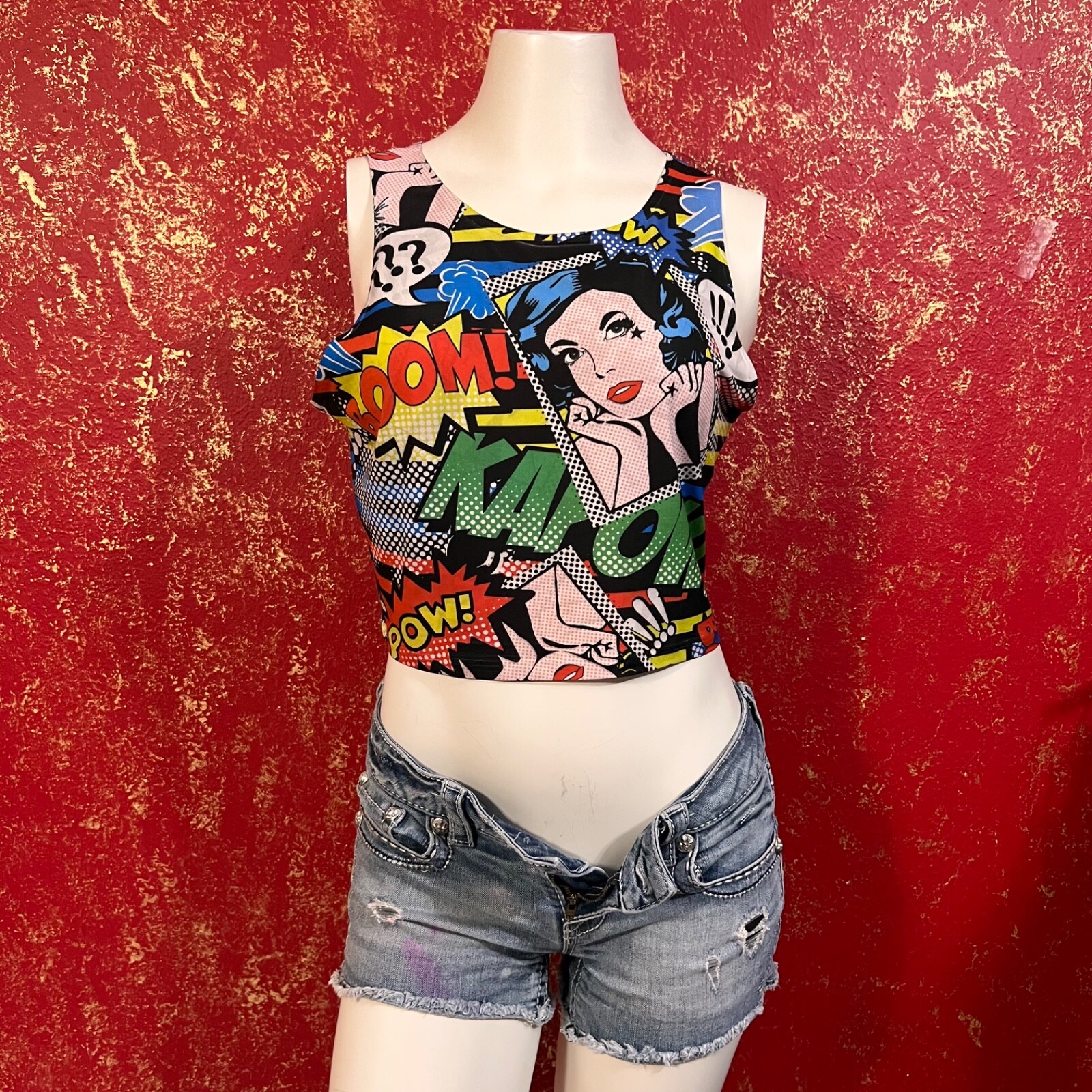 BLUSH Vintage Comic Strip Kapow Pow Boom Crop Top Tank XL 