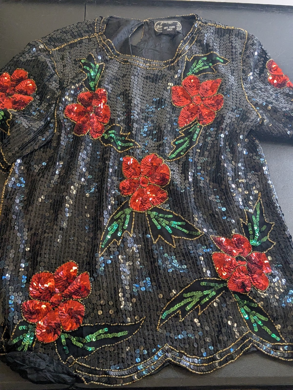 Jean For Joseph Le Bon Vintage Black Sequenced Floral Silk Blouse Top Size M/L