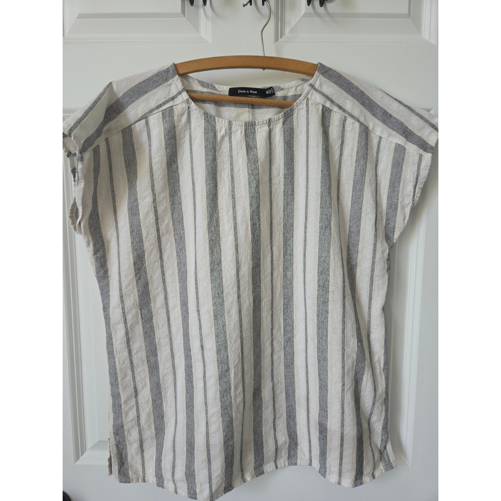 Doe & Rae Linen Cotton Striped Blouse Grey Cream Short Sleeve Boxy Top Small