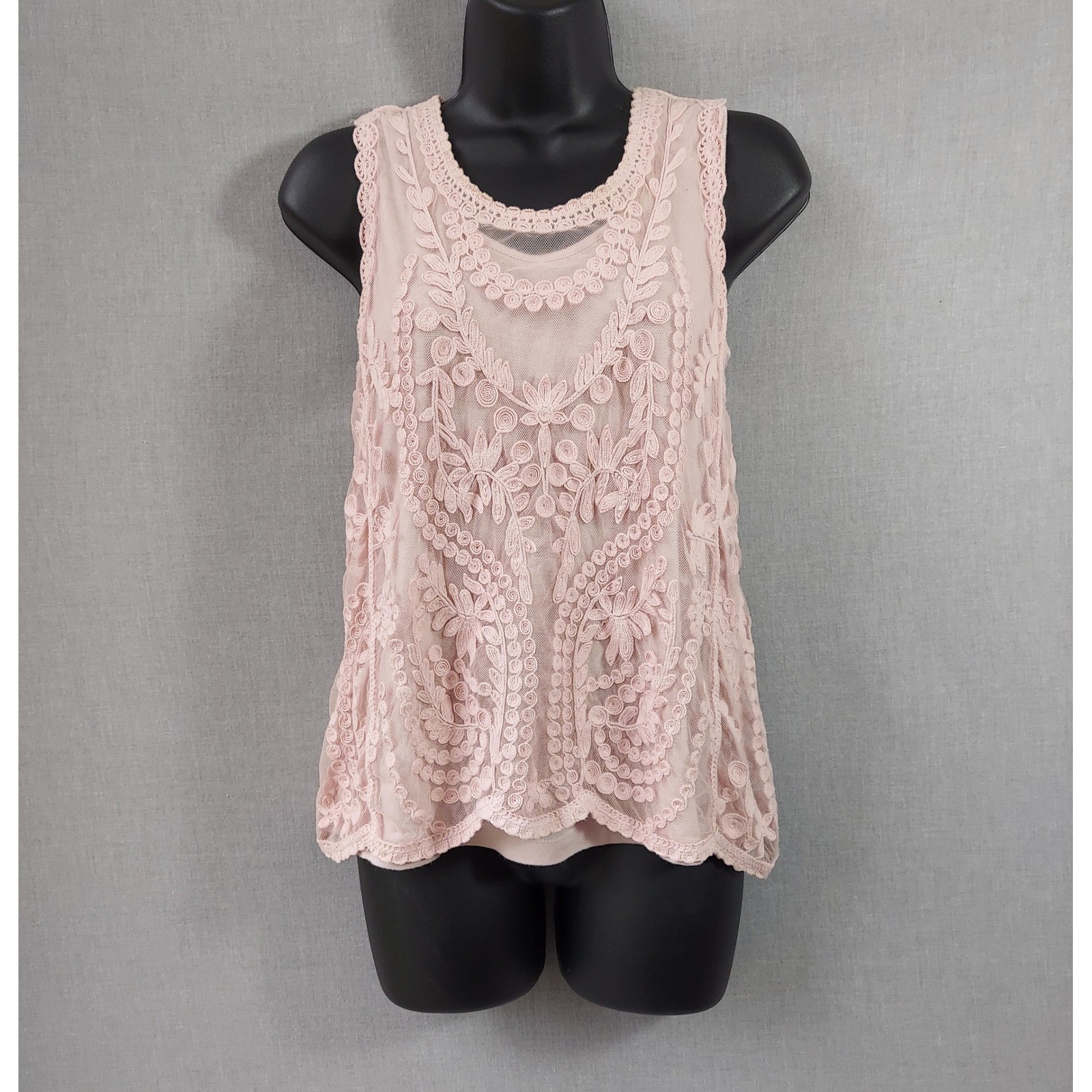 Tribal Jeans Embroidered Mesh Tank Top S Pink Romantic Fairy Cottagecore Boho